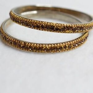 Holiday Ready Gold Tone Beaded Rhinestone Bangle Glam Party 2pc Bracelets